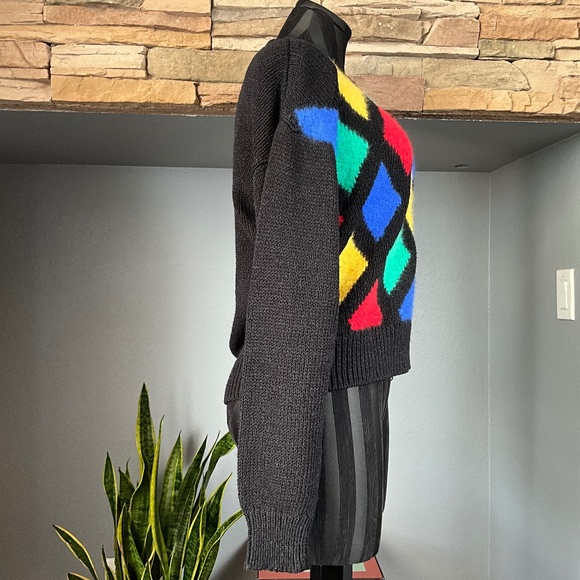 VTG Argyle Preppy Wool Angora Cropped Sweater Indie Grunge Artsy Black Blue L - Picture 4 of 9